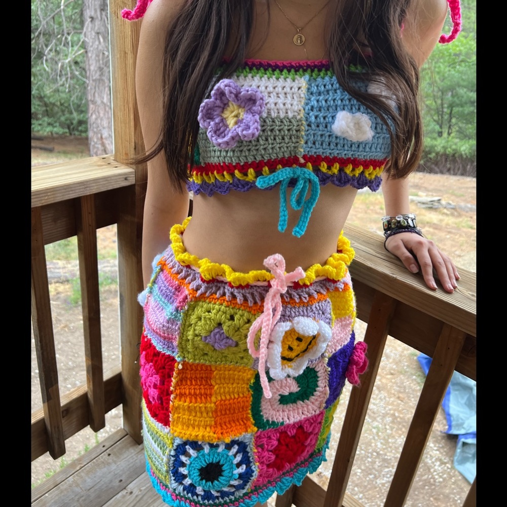 Crochet granny crop top and skirt set